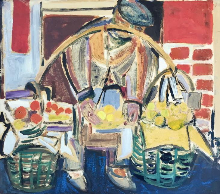 Robert SAVARY - Peinture originale - Gouache - Le marchand de fruit