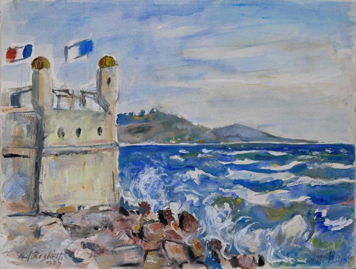 Edouard RIGHETTI - Peinture originale - Gouache - Le vent d'Est à Menton