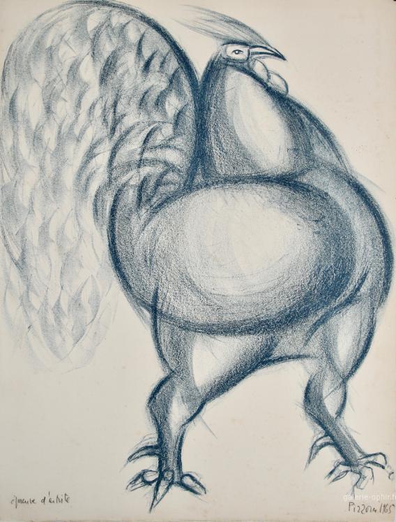 Isa PIZZONI - Estampe originale - Lithographie - Le coq bleu