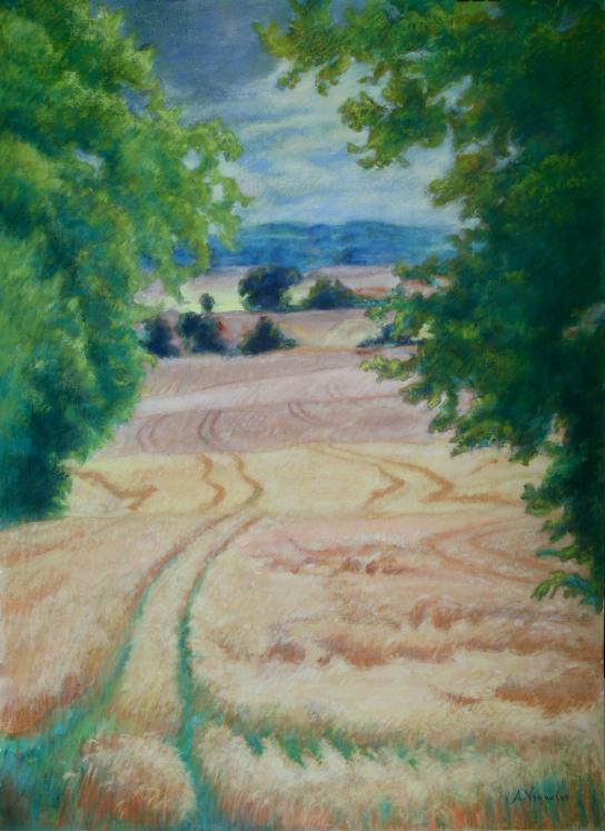 Andre VIGNOLES - Peinture originale - Gouache - Champs de blé sous un ciel orageux