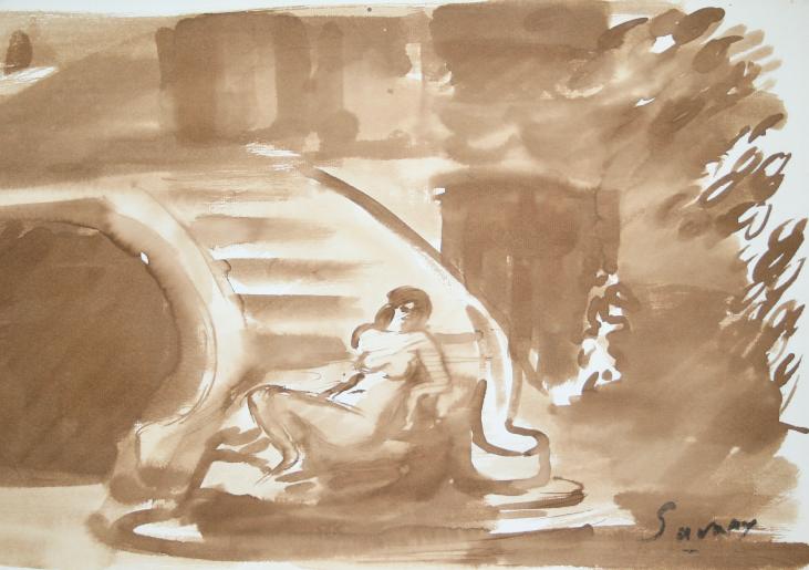 Robert SAVARY - Peinture originale - Lavis - Nue assise sur les escaliers