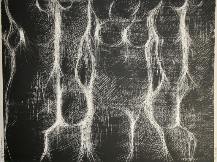Isa PIZZONI - Estampe originale - Lithographie - Nus sur fond noir