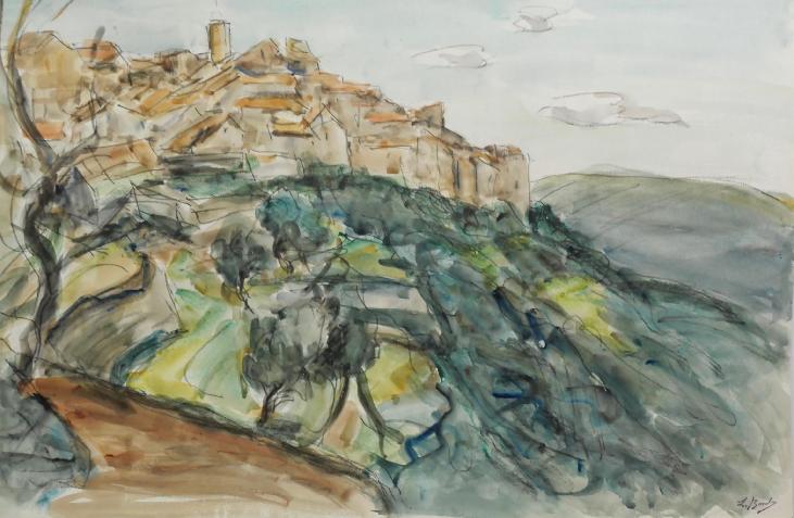 Leonard BORDES - Peinture originale - Aquarelle - Village sur la colline