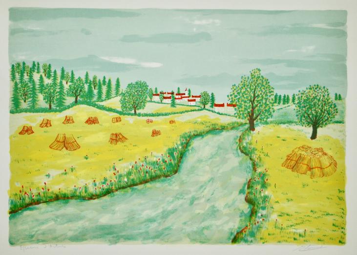 Maurice LOIRAND - Estampe originale - Lithographie - Rivière traversant les champs