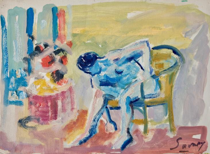 Robert SAVARY - Peinture originale - Gouache - Nu a la chaise