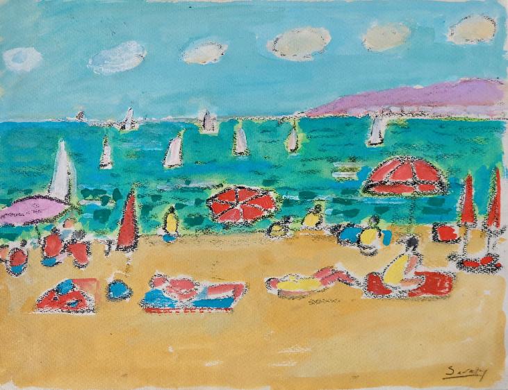 Robert SAVARY - Peinture originale - Gouache - Plage à Port Grimaud