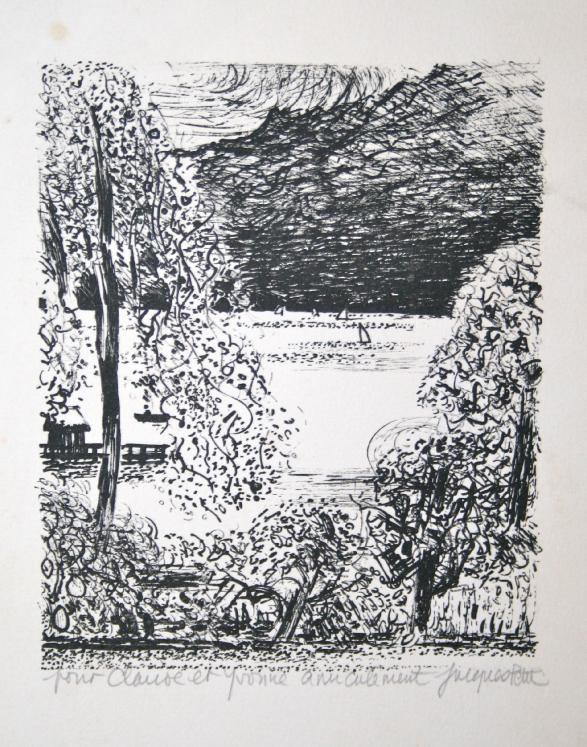 Jacques PETIT - Estampe originale - Lithographie - Bords du Lac de montagne