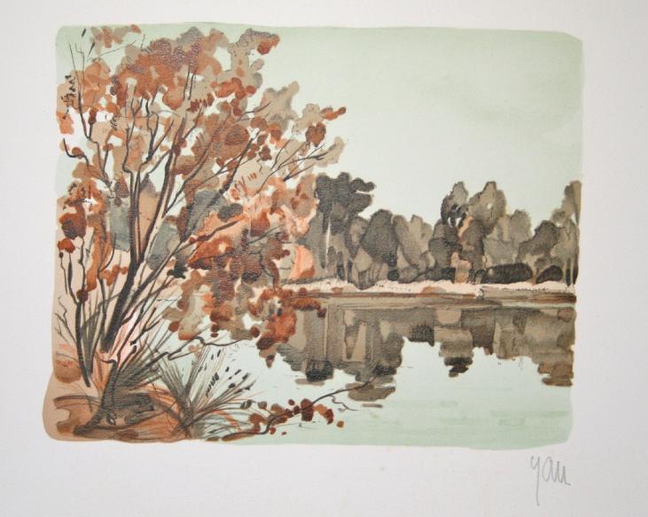 Robert YAN - Estampe originale - Lithographie - Bords de la rivière