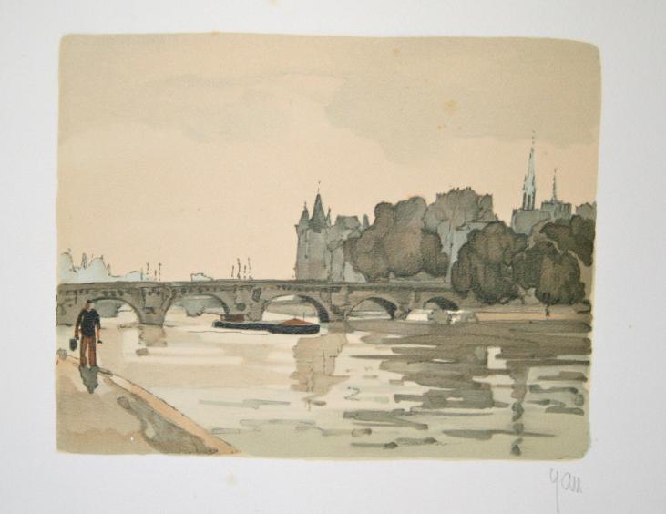 Robert YAN - Estampe originale - Lithographie - Pont à Paris