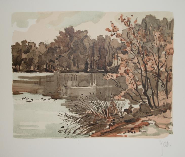 Robert YAN - Estampe originale - Lithographie - Canards au bord de la rivière