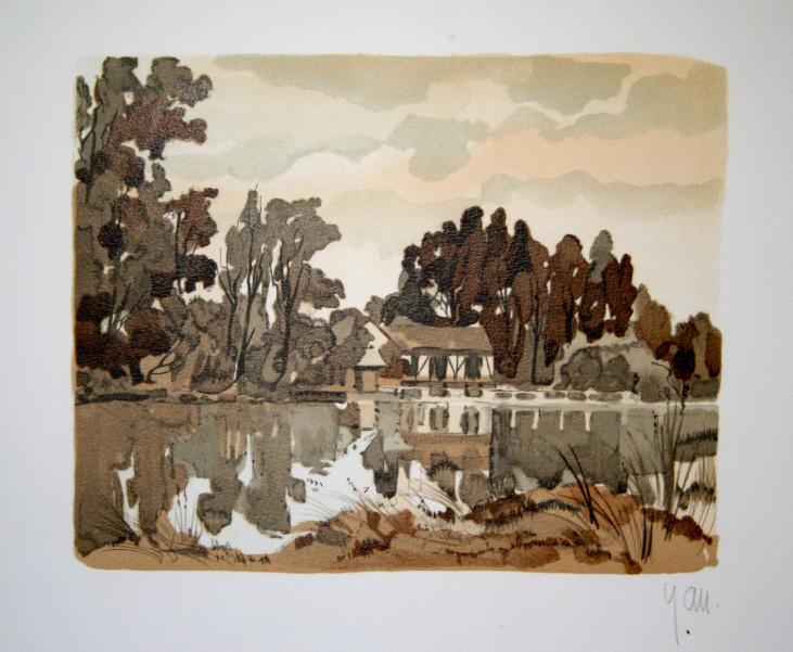 Robert YAN - Estampe originale - Lithographie - La maison au bord de la rivière