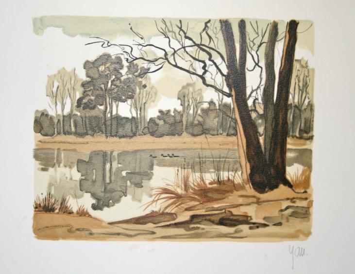 Robert YAN - Estampe originale - Lithographie - L'arbre au bord de la rivière