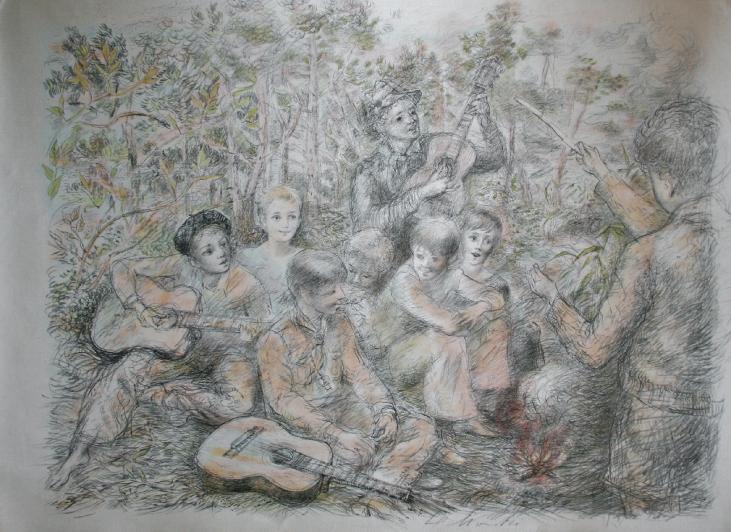 Lucien Philippe MORETTI - Estampe originale - Lithographie - Sac de billes, chanson dans la forêt