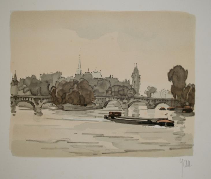 Robert YAN - Estampe originale - Lithographie - L'ile de la cité, Paris