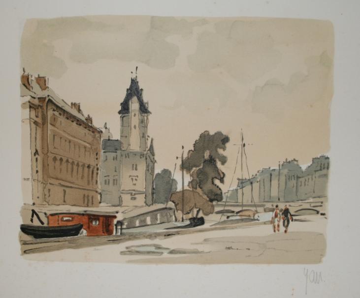 Robert YAN - Estampe originale - Lithographie - Les quais à Paris