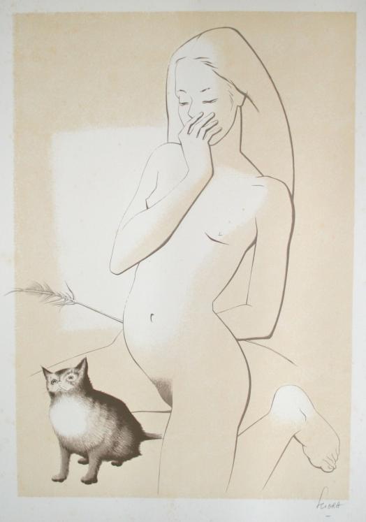 Daniel SCIORA - Estampe originale - Lithographie - La femme au chat