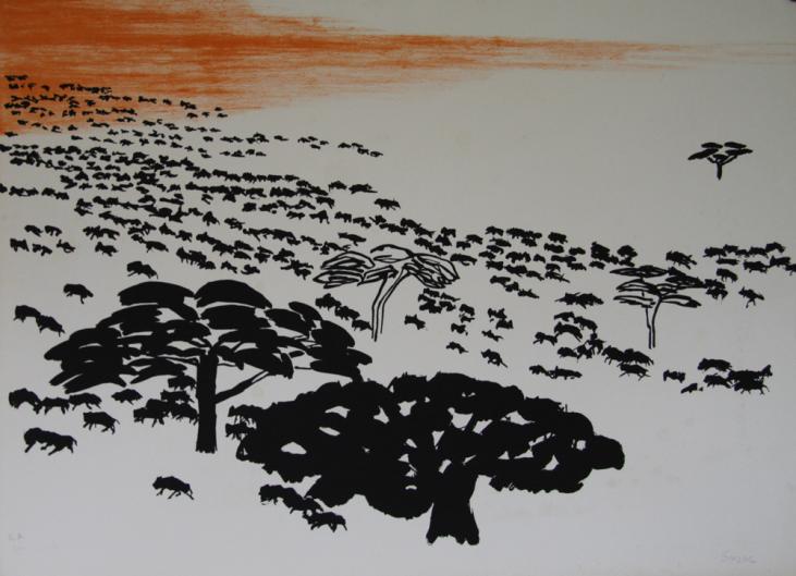 SUZAC - Estampe originale - Lithographie - Troupeau de buffles dans la savane
