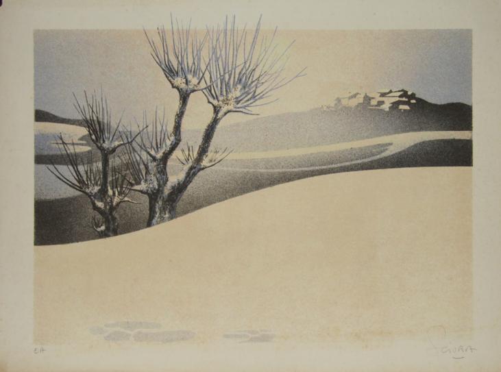 Daniel SCIORA - Estampe originale - Lithographie - La colline au village