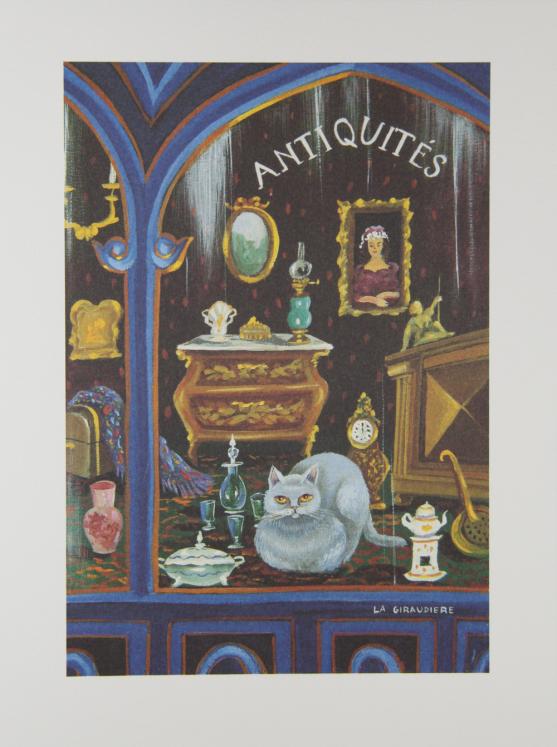 Madeleine DE LA GIRAUDIERE - Estampe - Lithographie - Le chat et l'antiquaire
