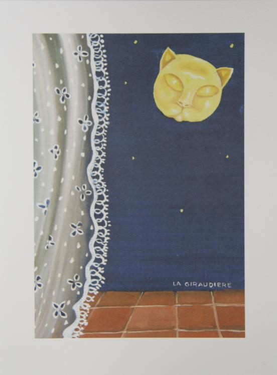 Madeleine DE LA GIRAUDIERE - Estampe - Lithographie - Le chat et la lune