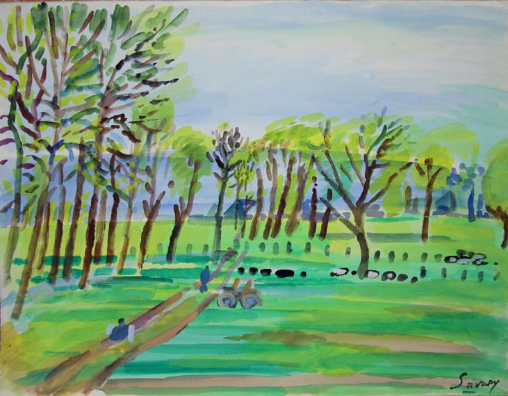 Robert SAVARY- Peinture originale - Gouache - Le chemin à travers champs