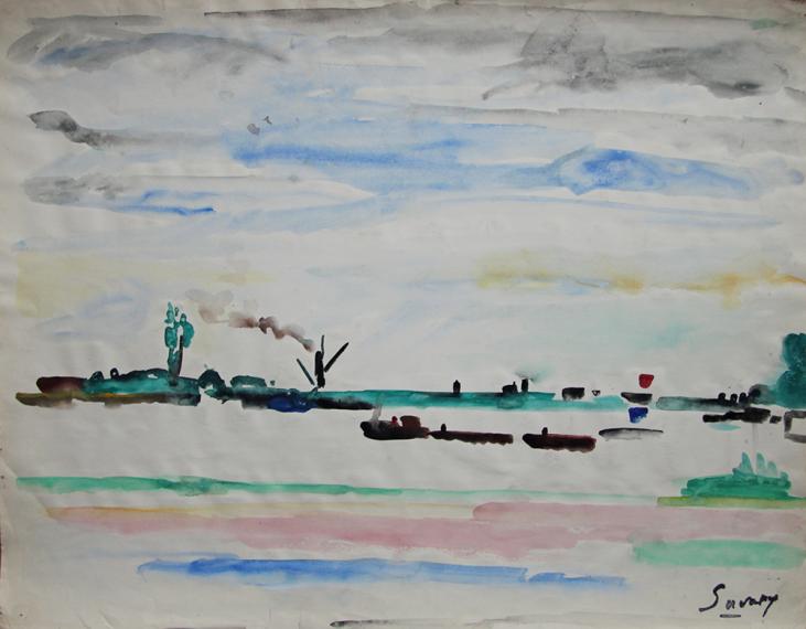 Robert SAVARY- Peinture originale - Gouache - Les bateaux à vapeur