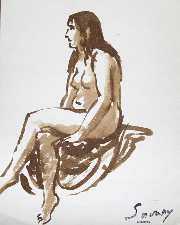 Robert SAVARY - Peinture originale - Lavis - Femme nue 4