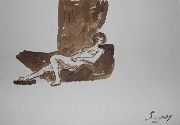 Robert SAVARY - Peinture originale - Lavis - Femme nue au canapé 2
