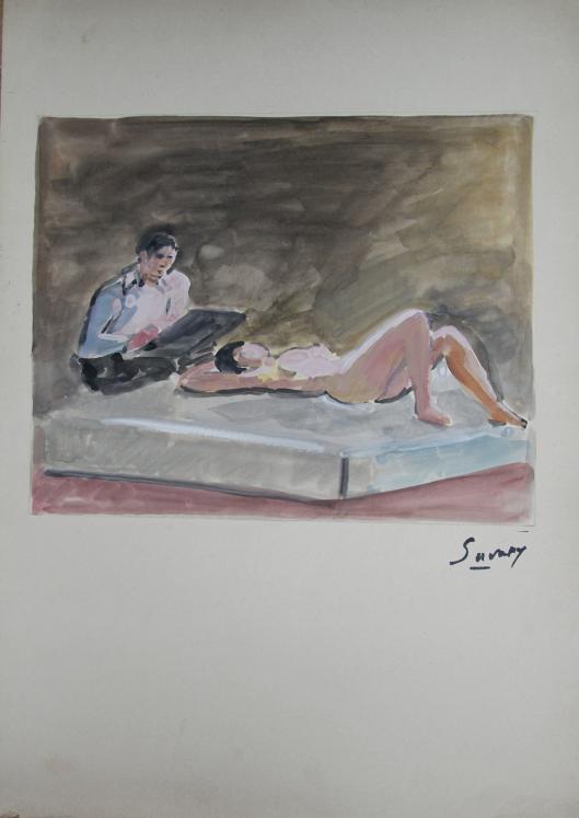 Robert SAVARY - Peinture originale - Gouache - Le peintre et son modèle nu 15