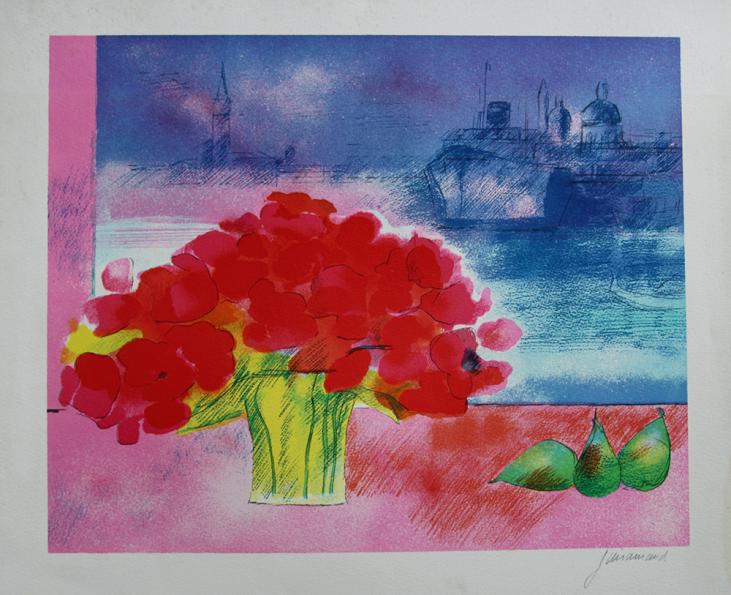 GUIRAMAND Paul - Estampe - Lithographie - Bouquet de fleurs sur le port de Venise