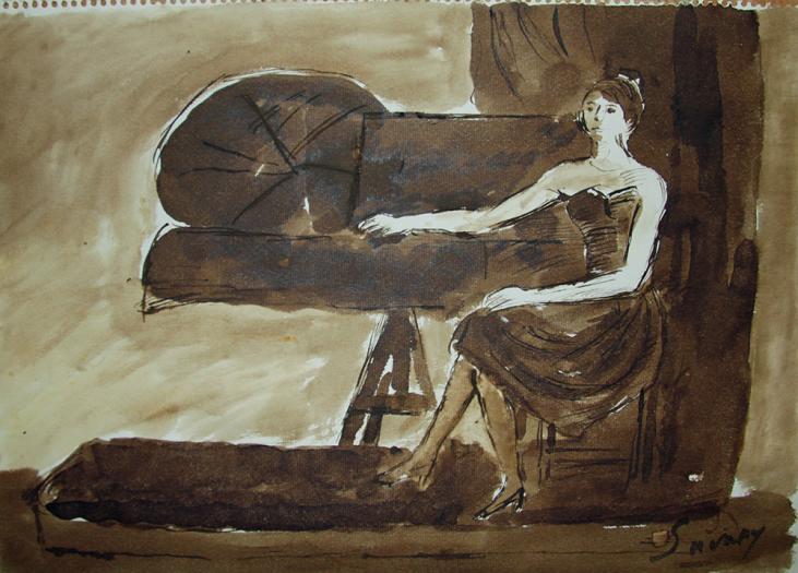 Robert SAVARY - Peinture originale - Lavis - La dame au piano