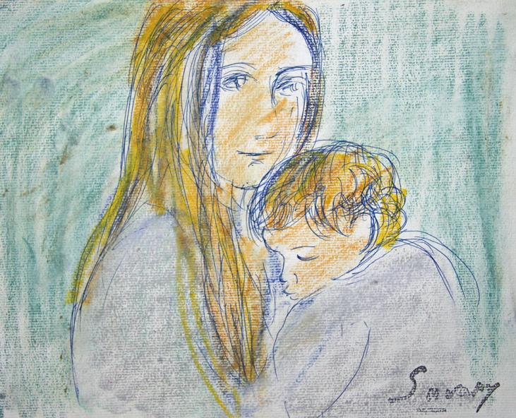 Robert SAVARY - Dessin original - Pastel - L'enfant endormi dans les bras de sa mère