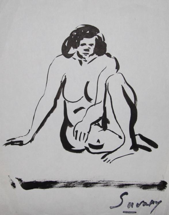 Robert SAVARY - Dessin original - Encre - Femme nue assise