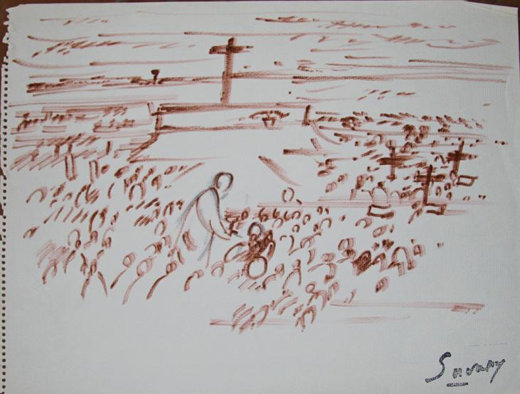 Robert SAVARY - Dessin original - Feutre - Le cimetière