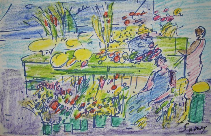 Robert SAVARY - Dessin original - Pastel - Le marché aux fleurs