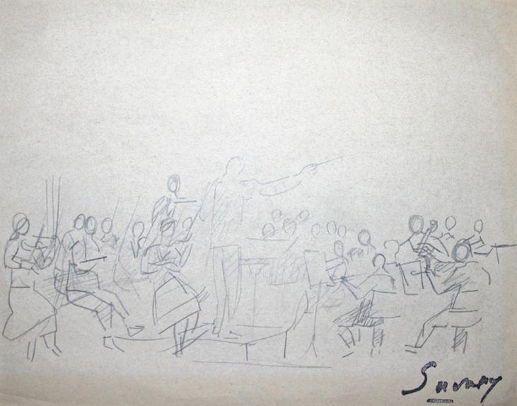 Robert SAVARY - Dessin original - Crayon - L'orchestre