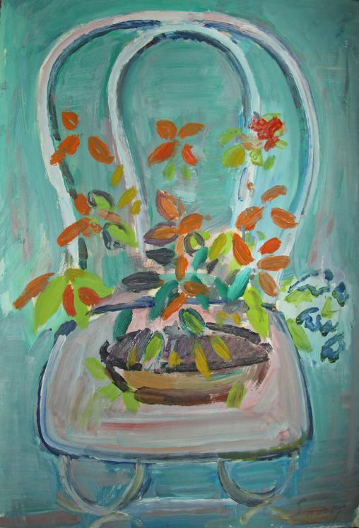 Robert SAVARY - Peinture originale - Gouache - La chaise de jardin aux fleurs