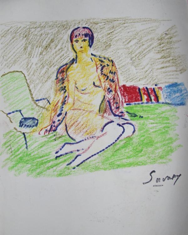 Robert SAVARY - Dessin original - Pastel - La femme au manteau