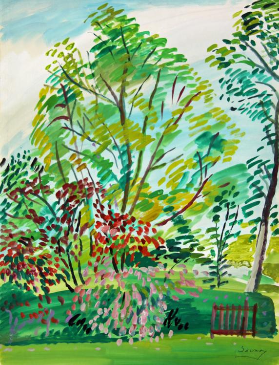 Robert SAVARY - Peinture originale - Gouache - Au bout du jardin