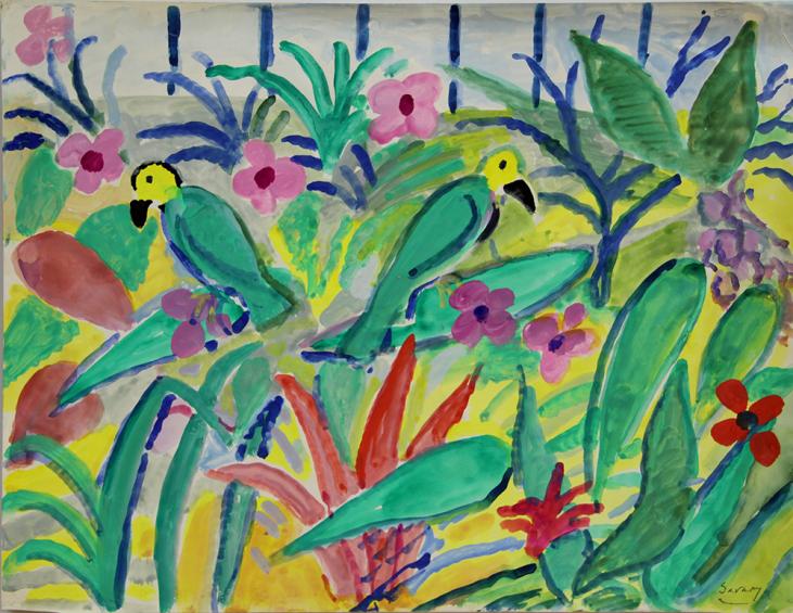 Robert SAVARY - Peinture originale - Gouache - La véranda aux oiseaux