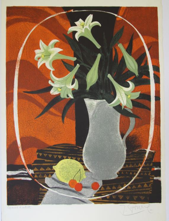 GANNE Yves - Estampe originale - Lithographie - Bouquet de fleurs aux fruits
