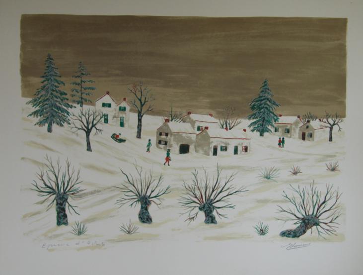 Maurice LOIRAND - Estampe originale - Lithographie - Village sous la neige à Noel
