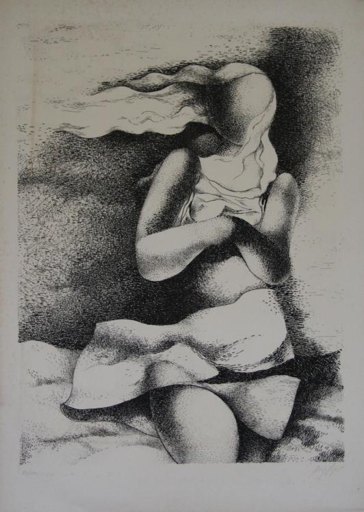 Manolo RUIZ PIPO - Estampe originale - Lithographie - Jeune femme dans le vent