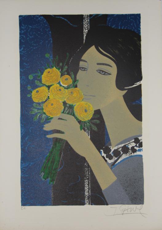 GANNE Yves - Estampe originale - Lithographie - Jeune femme au bouquet jaune