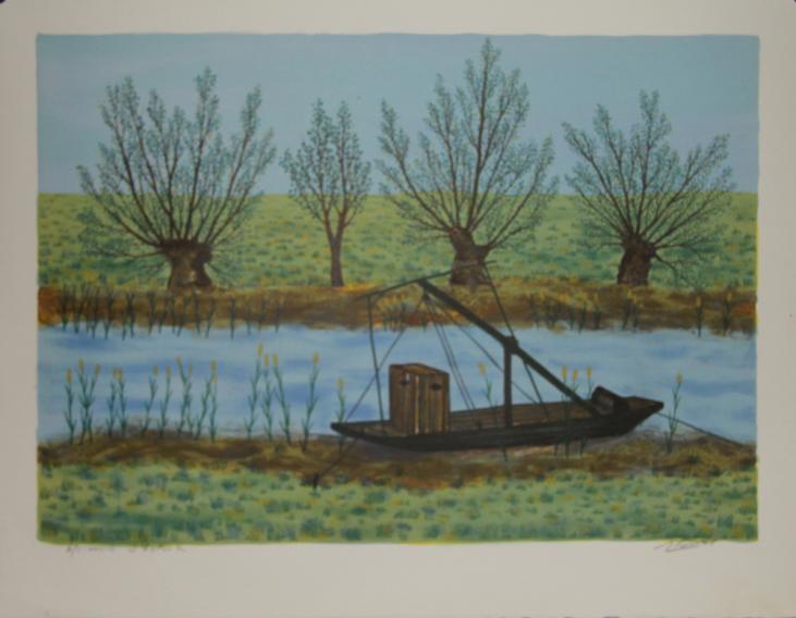 Maurice LOIRAND - Estampe originale - Lithographie - Le marais à la barge