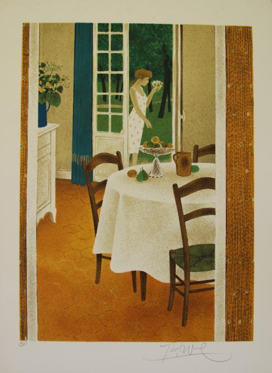 GANNE Yves - Estampe originale - Lithographie - Jeune femme au jardin