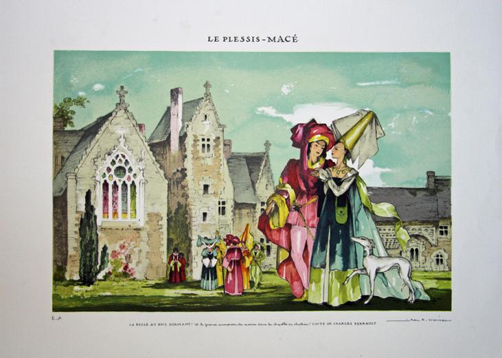 Le Plessis Macé, la belle au bois dormant : Lithographie originale signée de MERCIER Jean-Adrien