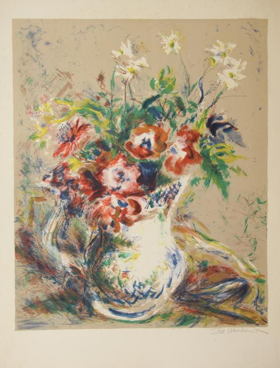 Ira MOSKOWITZ - Estampe originale - Lithographie - Le bouquet de fleurs au vase bleu