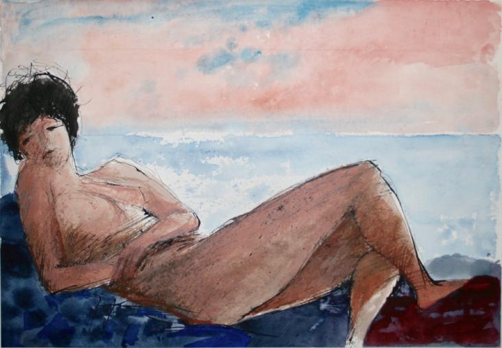 Guy Bardone - Peinture originale - Aquarelle - Nue allongée devant la mer