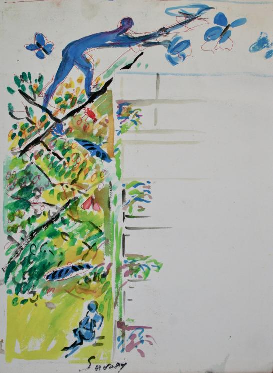 Robert SAVARY - Peinture originale - Gouache - Etude pour la chasse aux papillons 2